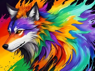 Colorful orange purple green yellow blue face wolf profile portrait head on multicolored in aquarelle style, creative abstract black background with rainbow ink watercolor painting. Generative AI