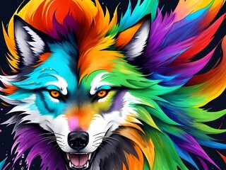 Colorful blue orange green yellow purple face wolf portrait head on multicolored background in aquarelle style, creative abstract black background with rainbow ink watercolor painting. Generative AI