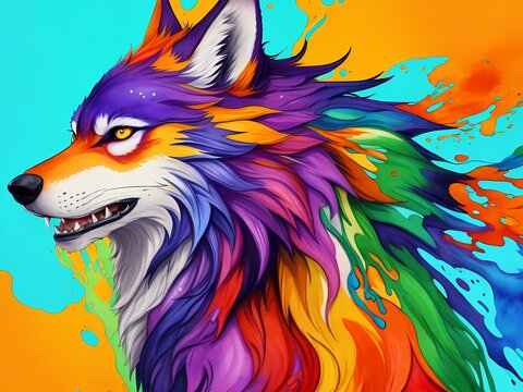 Colorful orange purple blue green yellow face wolf profile portrait head on multicolored in aquarelle style, creative abstract dark blue background with colourfu ink watercolor painting. Generative AI