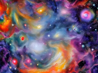 vibrant colorful watercolor new age style abstract cosmos scene with stars galaxies and planets in swirling vibrant colors. generative ai