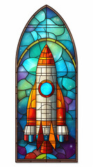 rocket stained glass. Vintage. Vibrant colors. AI generated image.