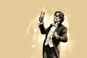 Elegant gentleman with a glass of wine, cartoon style, caricature, copyspace. Generative AI