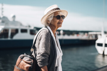 Obraz premium Senior woman travelling in a city near river. Generative AI
