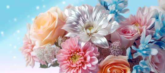 Obraz na płótnie Canvas Bouquet of pearlescent flowers on pastel background. Generative AI
