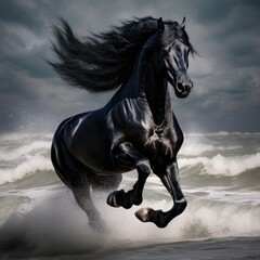 Fototapeta na wymiar black horse on the beach - generative ai