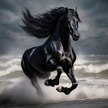 black horse on the beach - generative ai