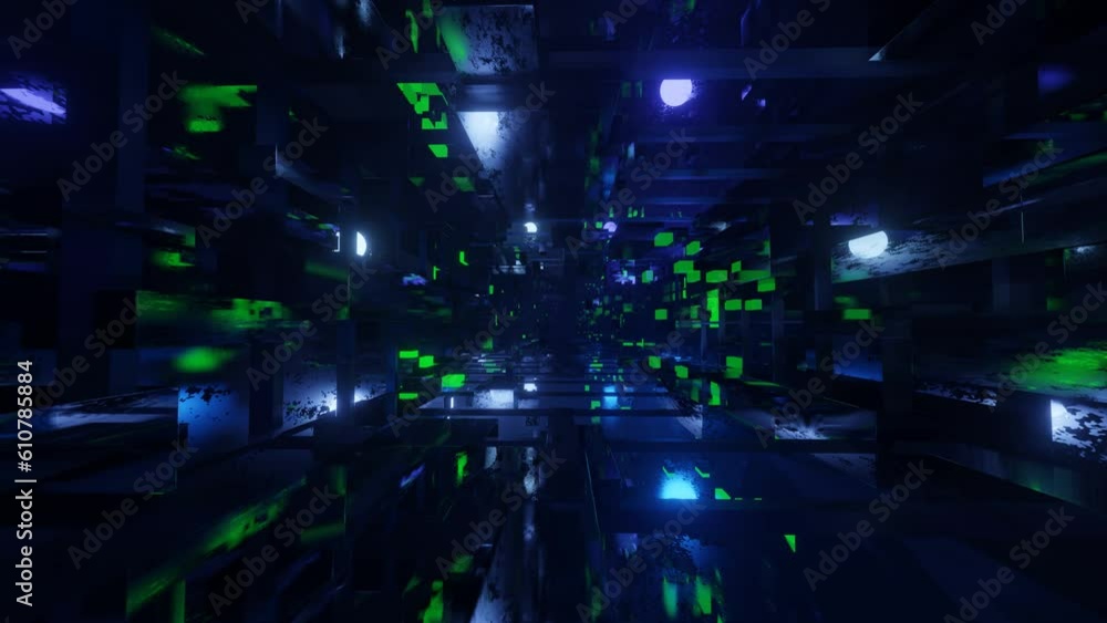 Poster sci-fi constructions, mysterious 3d objects in fog. fly through technology cyberspace with neon glow