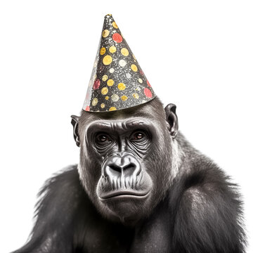 Funny Gorilla Portrait In A Birthday Cap Isolated On White Background. Happy Birthday Concept With Gorilla In Birthday Hat Generative AI