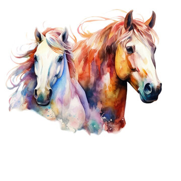 two horses isolated on white, watercolor art - generative ai