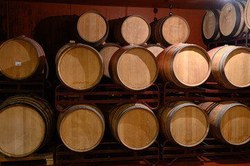 Production of fortified jerez, xeres, sherry wines in dark oak barrels in sherry triangle, Jerez la Frontera, El Puerto Santa Maria and Sanlucar Barrameda Andalusia, Spain