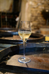 Tasting of grand cru sparkling white wine with bubbles champagne by old champagne caves in grand cru wine producer small village Cramant, Champagne, France