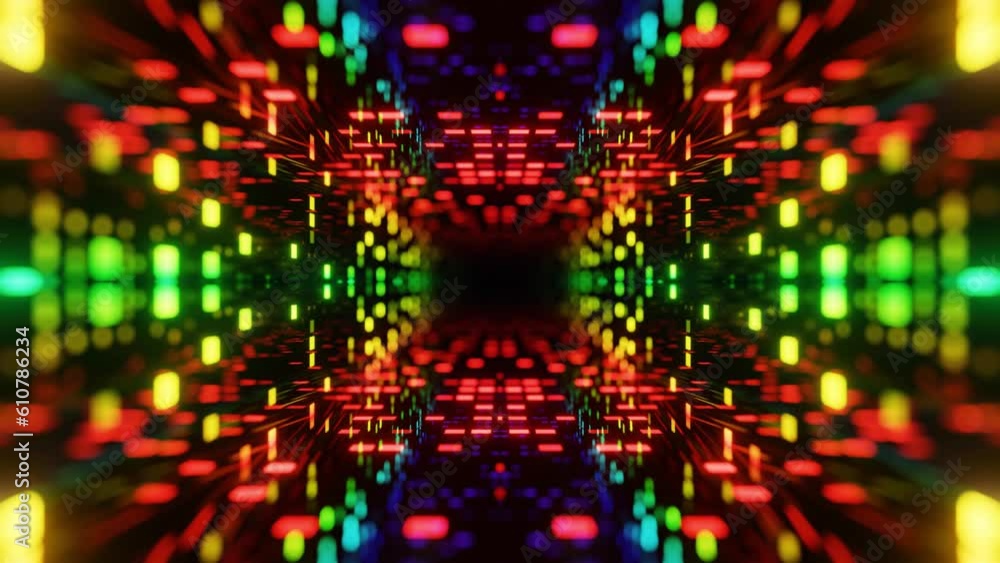 Poster 4k seamless looped animation. fly through mirror symmetrical tunnel with neon pattern, sci fi glow p
