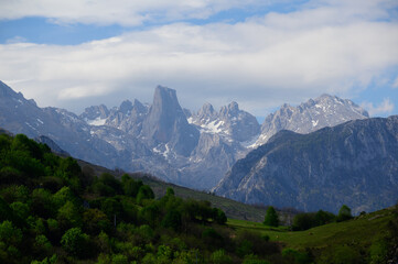 Fototapeta premium View on Naranjo de Bulnes or Picu Urriellu, limestone peak dating from Paleozoic Era, located in Macizo Central region of Picos de Europa, mountain range in Asturias, Spain