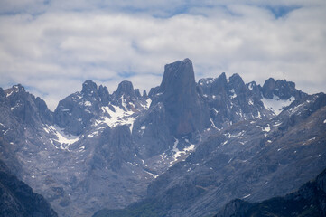 View on Naranjo de Bulnes or Picu Urriellu,  limestone peak dating from Paleozoic Era, located in Macizo Central region of Picos de Europa, mountain range in  Asturias, Spain