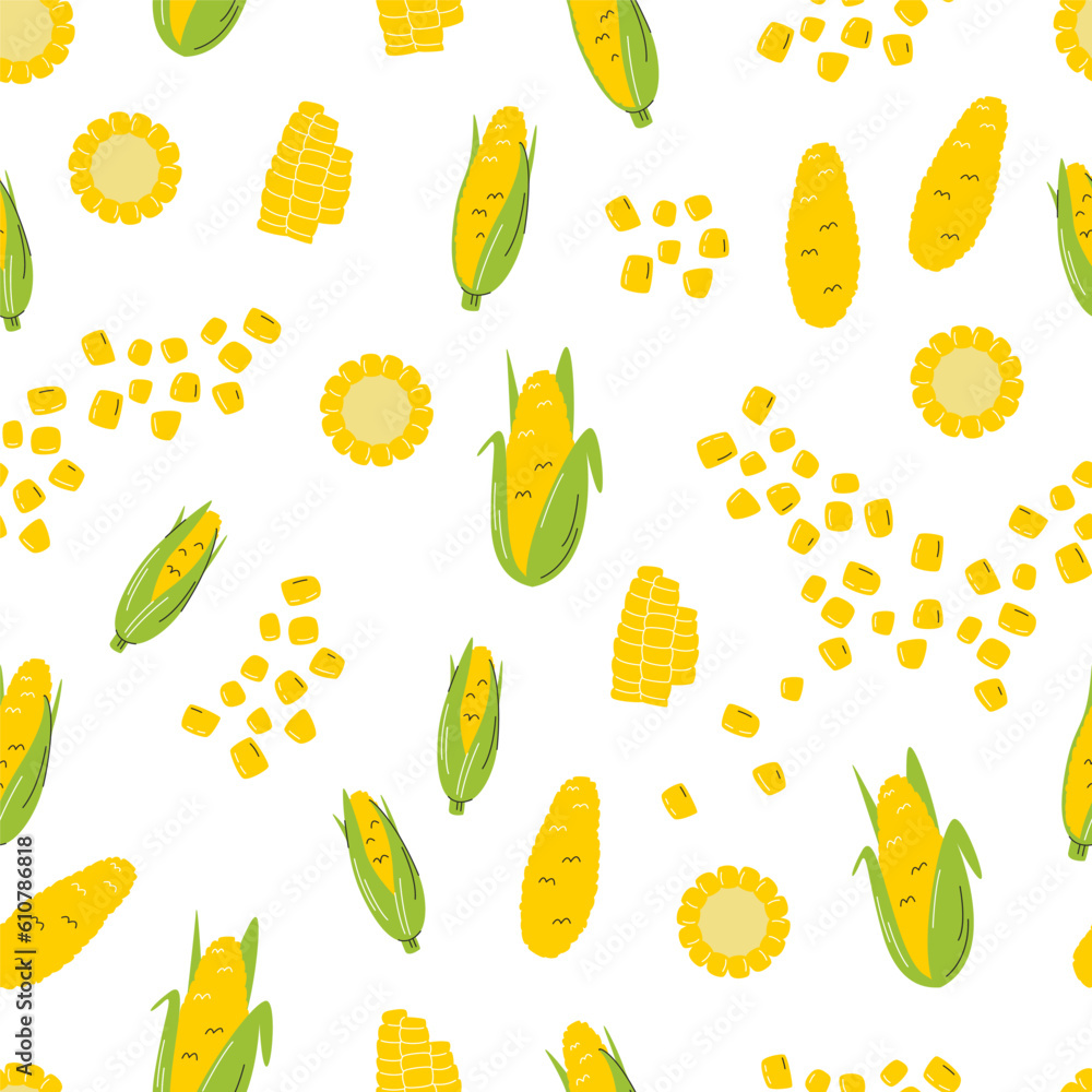 Wall mural Corncob seamless pattern. Different sweet corns. Eco farm local agricultural product. Vegetable wallpaper design. Harvest season food print. Hand drawn flat vector illustration isolated on white