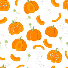 Squash slices and pumpkin seeds isolated on white. Halloween related seamless backdrop. Thanksgiving season vegetable repetition. Local farm ripe product. Hand drawn flat vector pattern illustration