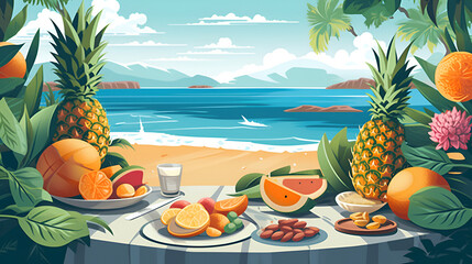 Breakfast with tropical fruits by the sea near mountains, summer vacation concept, illustration