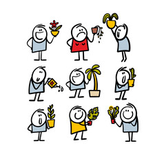 Naklejka premium Set of home gardeners with exotic plants in flower pots. Vector illustration hand drawn characters take care of home garden. Cartoon collection of stickman.