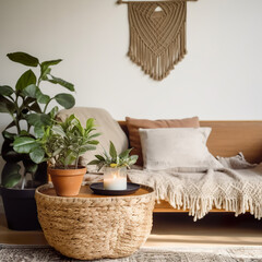Boho styled room interior, green houseplants and natural home decor Generative AI