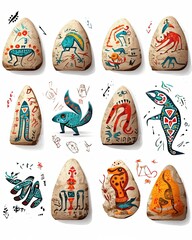 collection of ancient stones with animals paints - generative AI