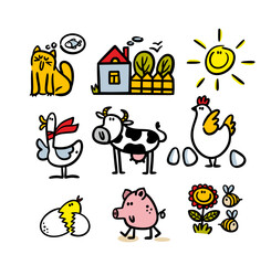Set of nature in countryside farm life animals. Vector illustration of pets, birds and flowers in the garden near the farmer villagehouse. Cartoon collection of stickman.