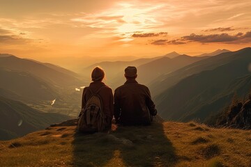silhouette of a couple watching the sunset in the mountains - generative AI