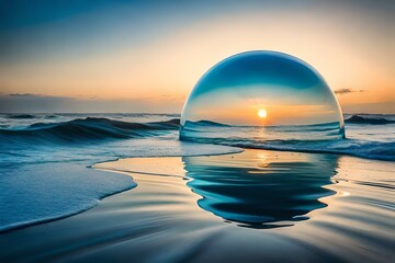 Sunset arising from the arising water bubble from the middle of the ocean