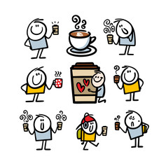Coffee mania set of cute stick figure drink lovers. Vector illustration of hot tea cups and mus to go outdoor. Cartoon collection of stickman. - 610787854
