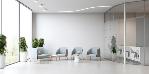 Minimalist white colored reception of modern medical office hospital interior mock up - obrazy, fototapety, plakaty