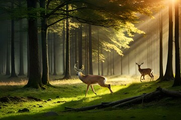 Deer in the forest with water lake