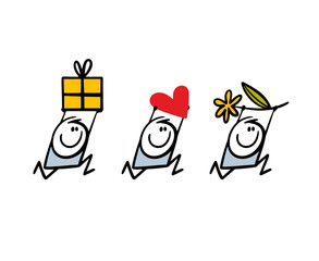 Set of funny characters running fast with gifts in rising hands. Vector illustration of romantic presents and flowers for lover from fans. Cartoon collection of stickman.
