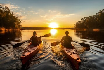couple kayaking watching a sunset on the lake - generative AI 