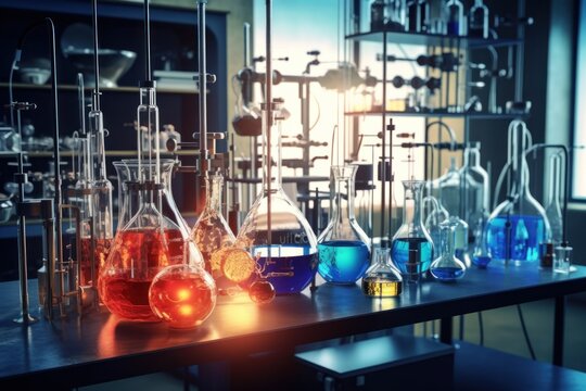 glass chemical flasks with multi-colored liquids and reagents on the table of a chemical laboratory. glassware. AI generated