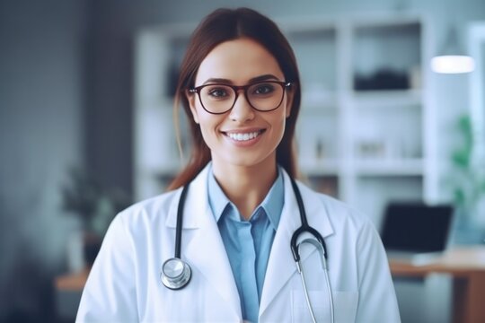 Portrait of smiling female doctor with stethoscope standing in clini