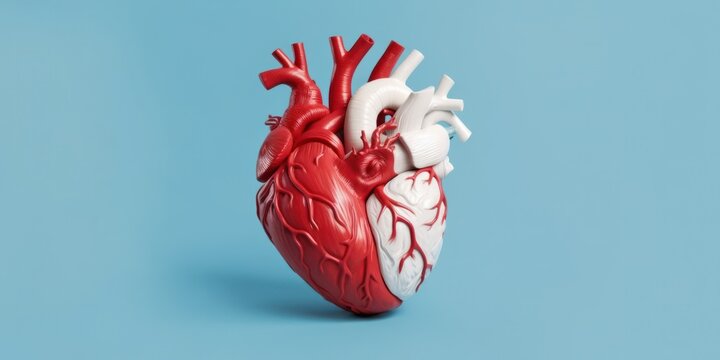 Human heart model on blue background with copy space. 3D illustration.