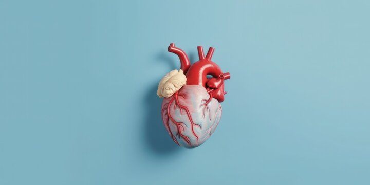 banner of Human heart model with blood vessels on blue background.