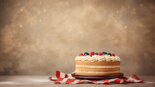 Patriotic 4th of July Themed Cake in Red, White, and Blue with Copy Space - American Holiday Dessert in USA Colors - Memorial Day, Veterans Day, Fourth of July, Flag Day Theme - Generative AI