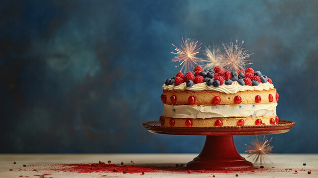 Patriotic 4th of July Themed Cake in Red, White, and Blue with Copy Space - American Holiday Dessert in USA Colors - Memorial Day, Veterans Day, Fourth of July, Flag Day Theme - Generative AI