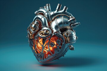 Fototapeta na wymiar Human heart made of metal parts on blue background. generative ai