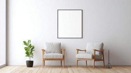 Minimalistisch eingerichtetes Zimmer mit Interieur aus zwei Stühlen, Pflanze und einem leerem Bilderrahmen an der Wand als Template (Rahmenvorlage) für Poster, Gemälde etc. (Gen. AI)