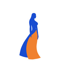 Bicolor silhouette of a girl with big breasts in a long dress. Vector illustration