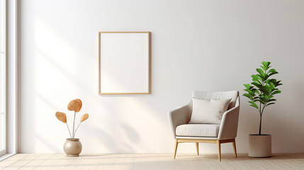 Minimalistisch eingerichtetes Zimmer mit Interieur aus einem Stuhl, Pflanzen und einem leerem Bilderrahmen an der Wand als Template (Rahmenvorlage) für Poster, Gemälde etc. (Gen. AI)