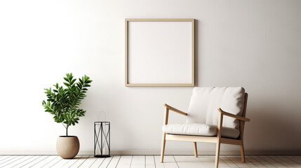 Minimalistisch eingerichtetes Zimmer mit Interieur aus einem Stuhl, Laternenlampe, Pflanze und einem leerem Bilderrahmen an der Wand als Template (Rahmenvorlage) für Poster, Gemälde etc. (Gen. AI)