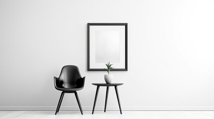 Minimalistisch eingerichtetes Zimmer mit Interieur aus einem Stuhl, Beistelltisch, Pflanze und einem leerem Bilderrahmen an der Wand als Template (Rahmenvorlage) für Poster, Gemälde etc. (Gen. AI)