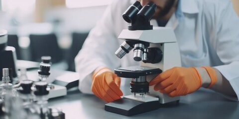 Male scientist working with microscope in laboratory.in protective gloves Medical research