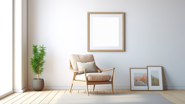 Minimalistisch eingerichtetes Zimmer mit Interieur aus einem Stuhl, Pflanze und einem leerem Bilderrahmen an der Wand als Template (Rahmenvorlage) für Poster, Gemälde etc. (Gen. AI)