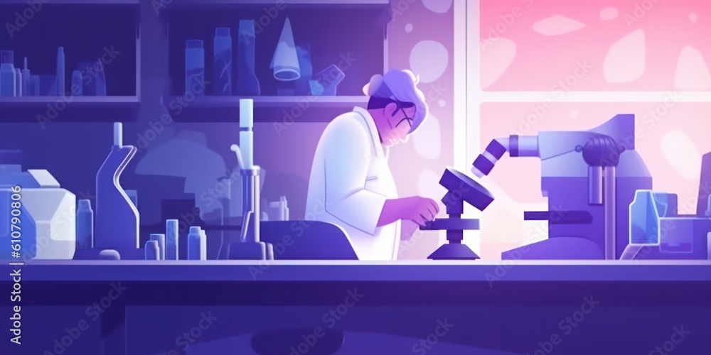 Poster scientist working with microscope in laboratory at night. flat style,
