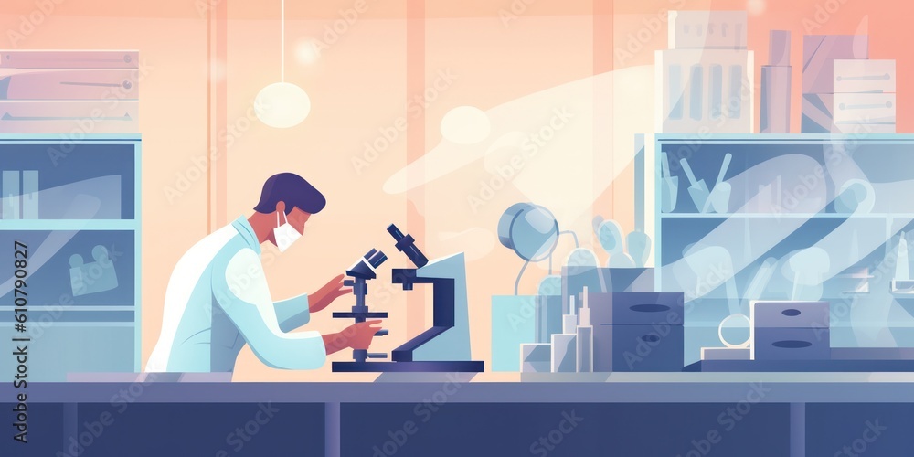 Poster Scientist working with microscope in laboratory. illustration in flat style banner,
