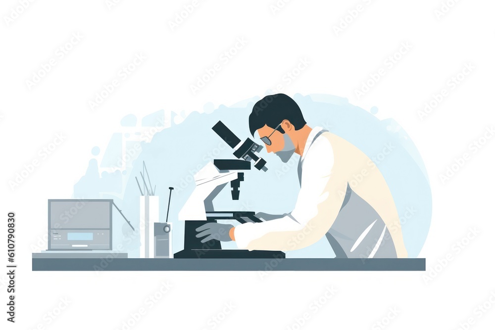 Poster scientist working with microscope in laboratory minimalistic illustration