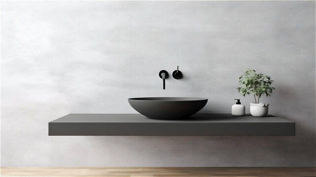 washroom in a minimalist design with a suspended countertop and a minimalist washbasin and wall-mounted tap, bottle of liquid soap and flowerpot with a plant, created with Generative AI Technology.